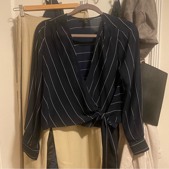 NWOT navy pinstripe silk blouse - Picture 4 of 11